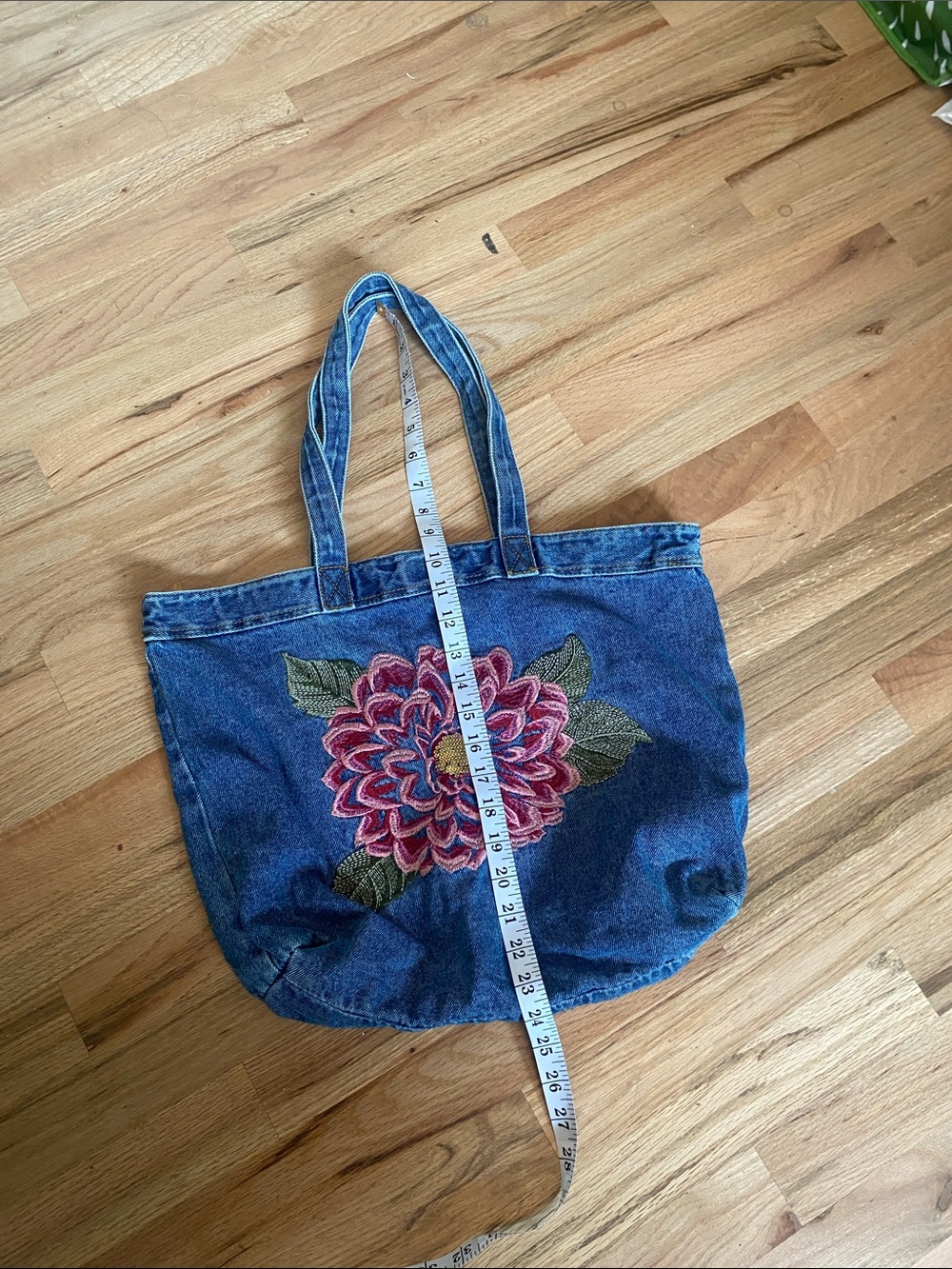 Denim Tote Bag with Pink Floral Embroidery - Picture 3 of 6